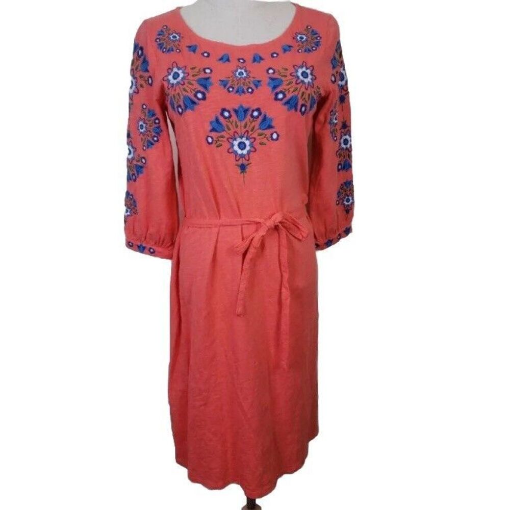 Boden Leyla Embroidered Jersey Tie‎ Dress in Guava Orange Floral Size US 6L